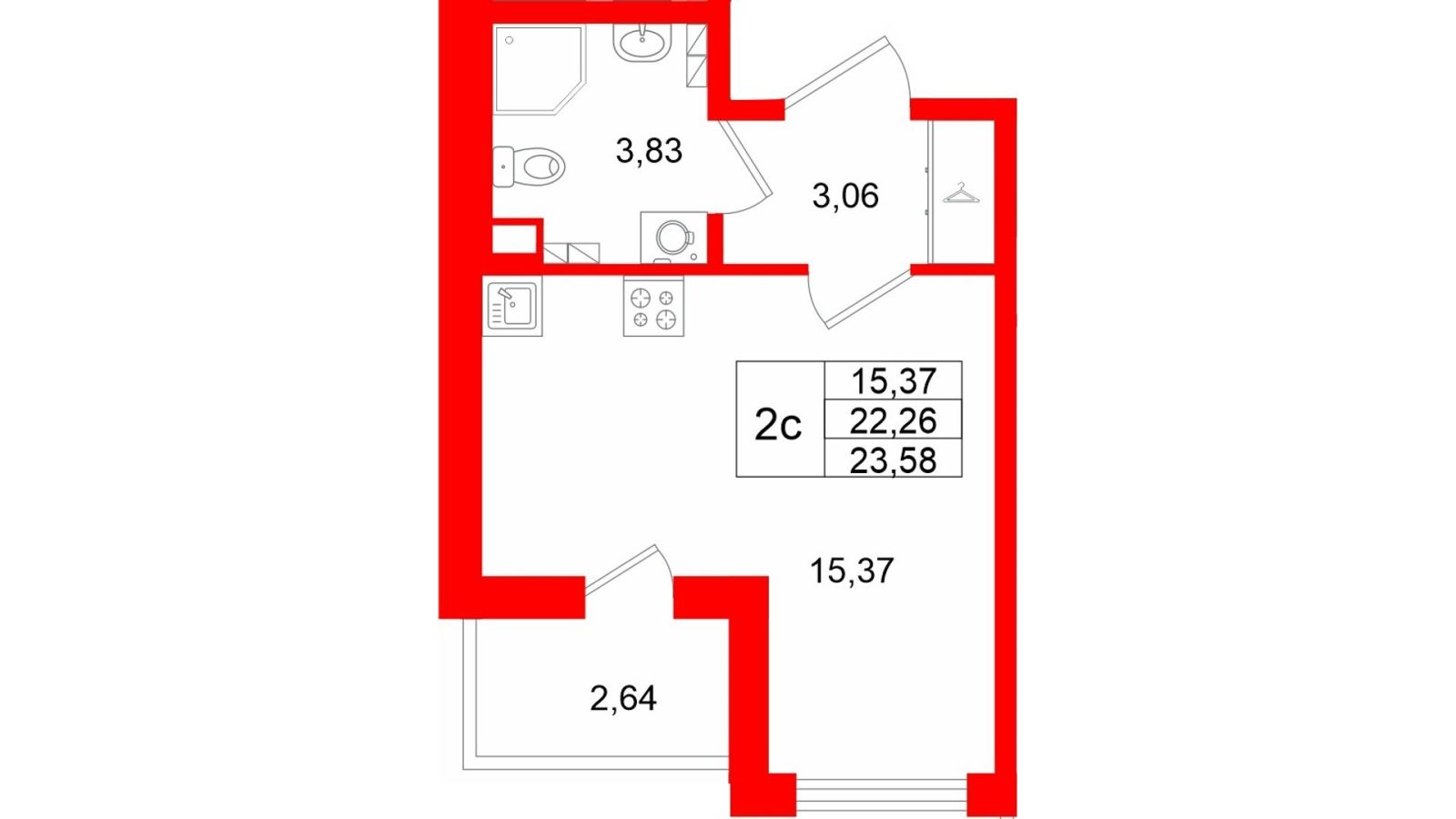 Планировка: студия, 22,3 м²