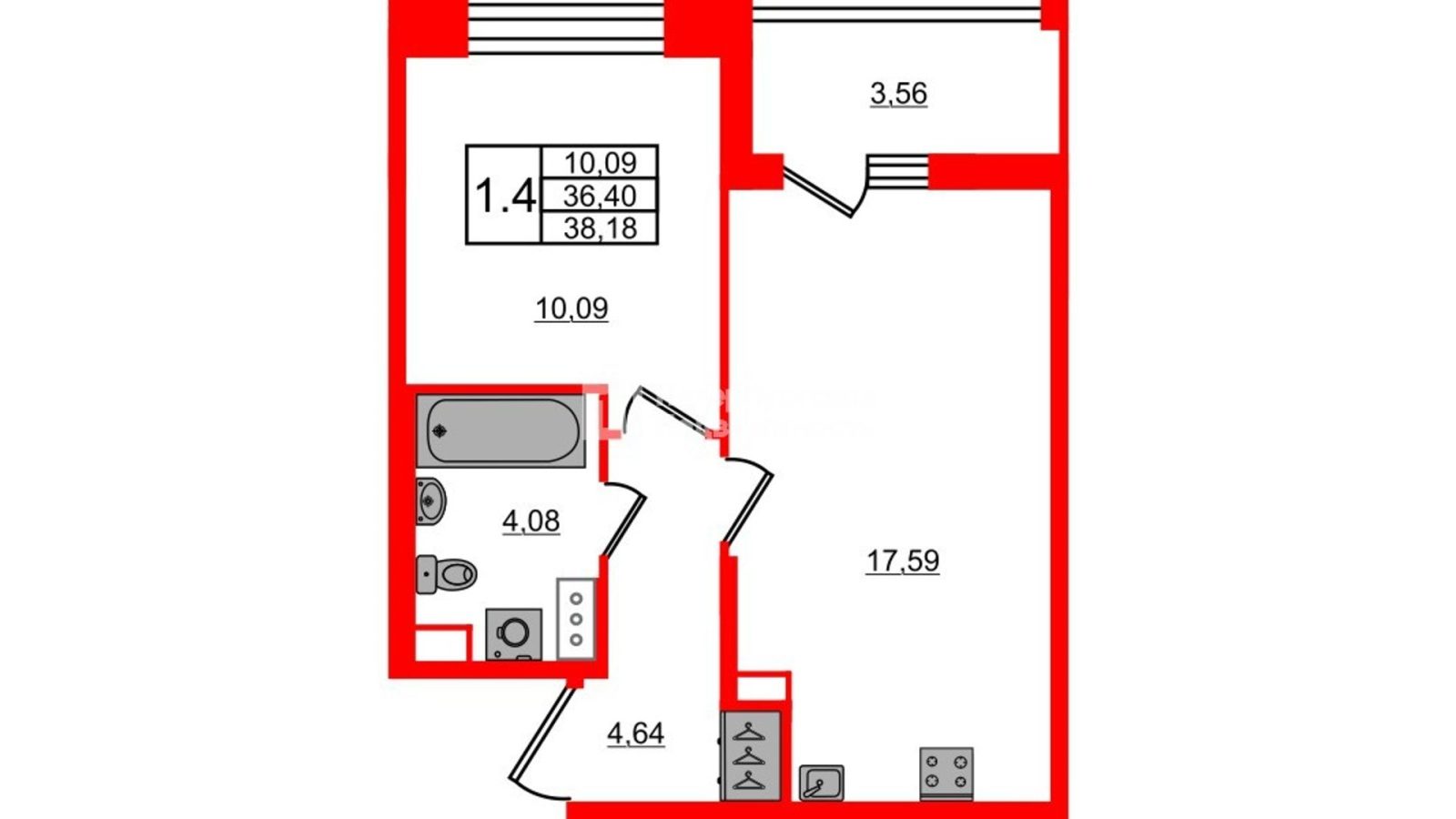 Планировка: 1-комнатная квартира, 36,4 м²