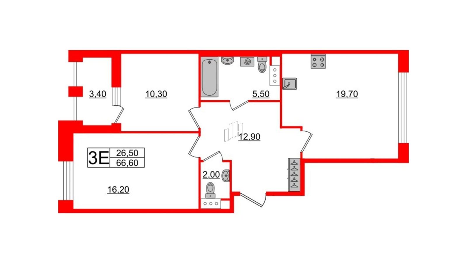 Планировка: 2-комнатная квартира, 66,1 м²