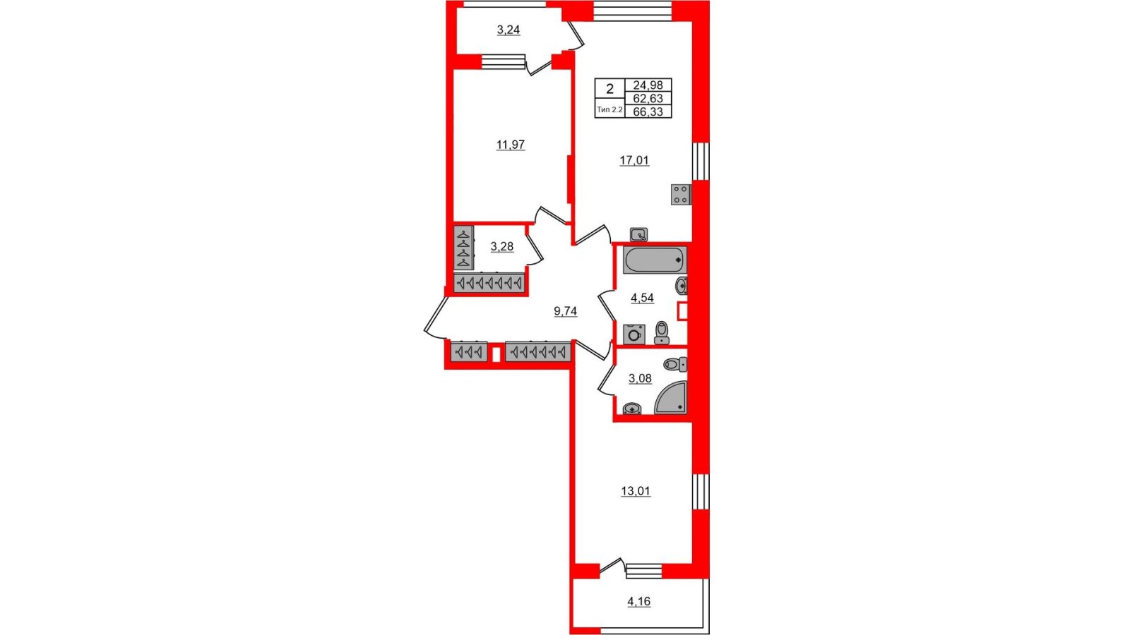 Планировка: 2-комнатная квартира, 62,6 м²