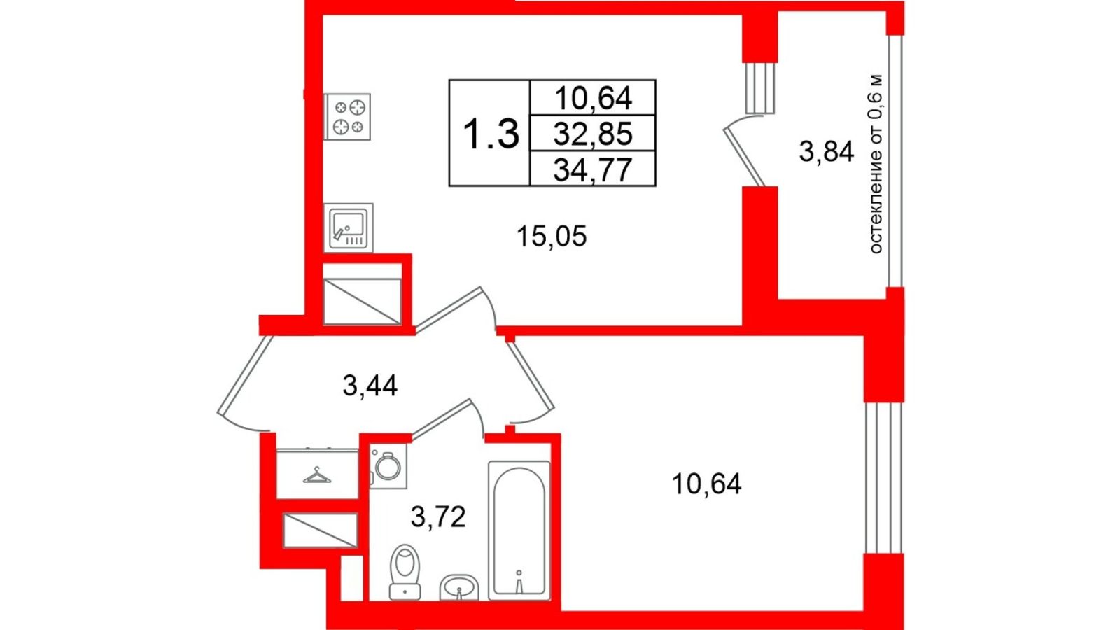 Планировка: 1-комнатная квартира, 32,9 м²
