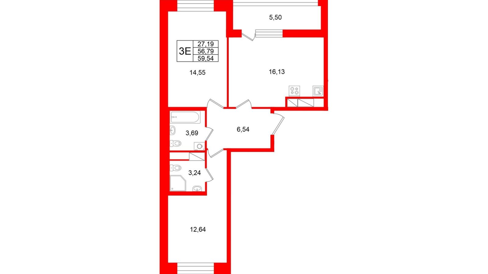 Планировка: 2-комнатная квартира, 56,8 м²