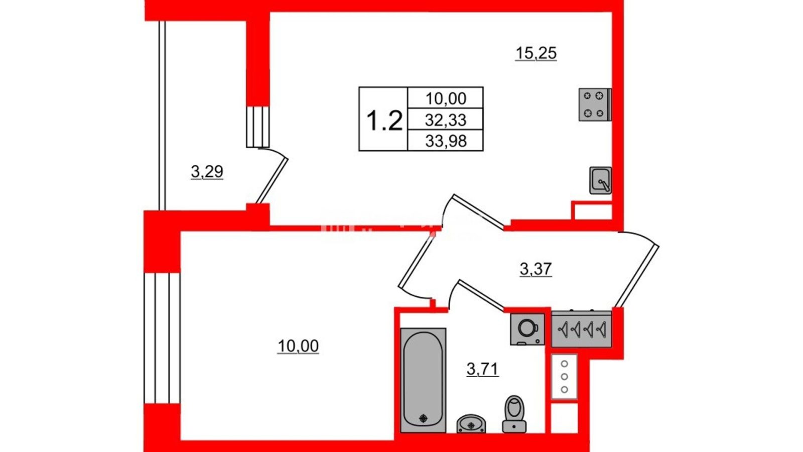 Планировка: 1-комнатная квартира, 32,3 м²