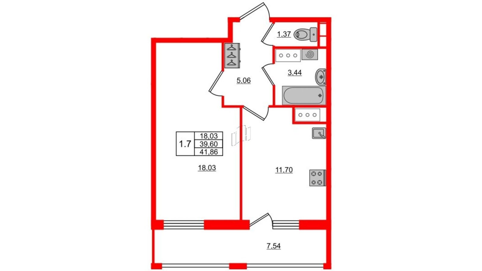 Планировка: 1-комнатная квартира, 38,6 м²
