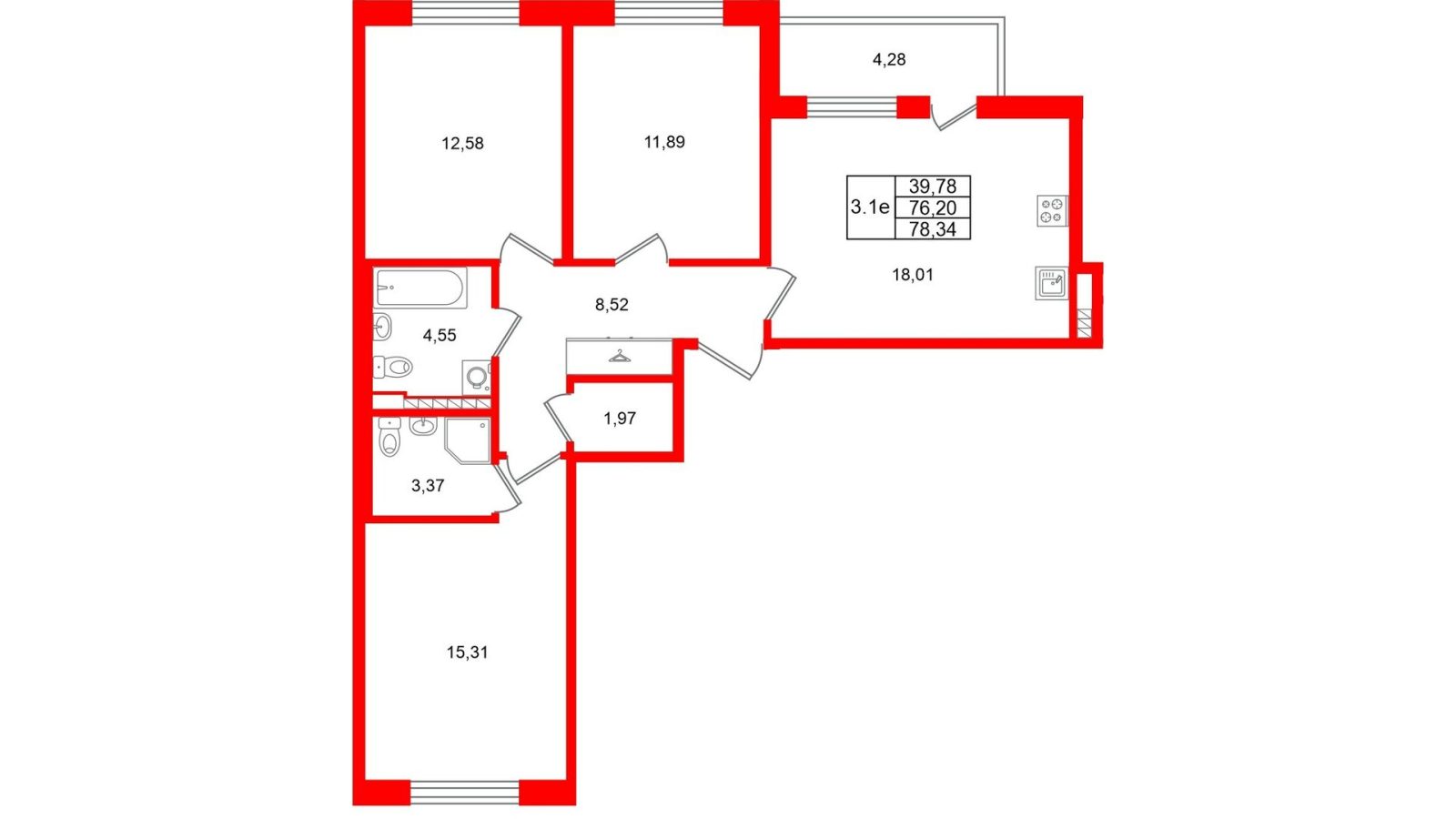 Планировка: 3-комнатная квартира, 76,2 м²