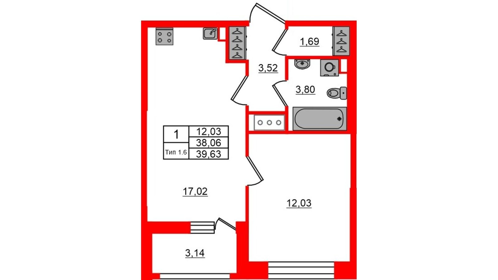 Планировка: 1-комнатная квартира, 38,1 м²