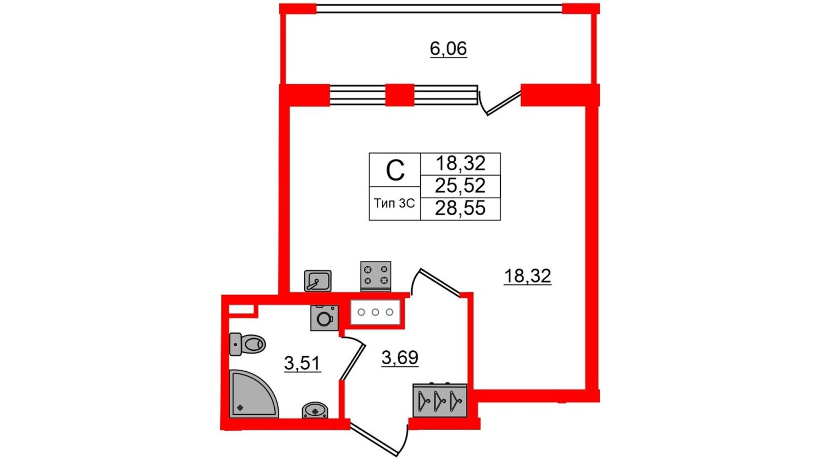 Планировка: студия, 25,5 м²