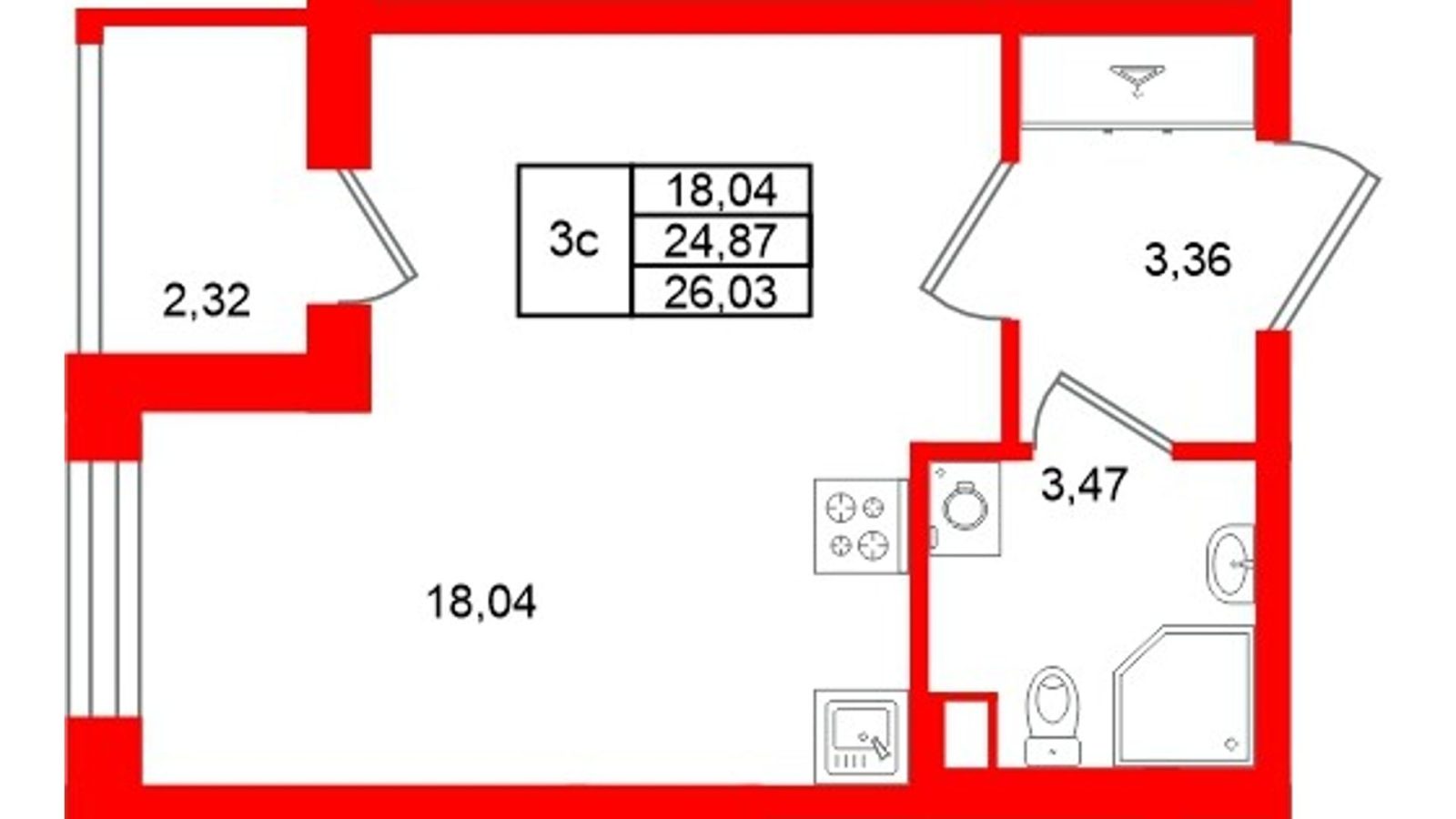 Планировка: студия, 24,9 м²