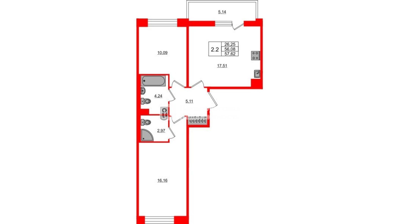 Планировка: 2-комнатная квартира, 56,1 м²