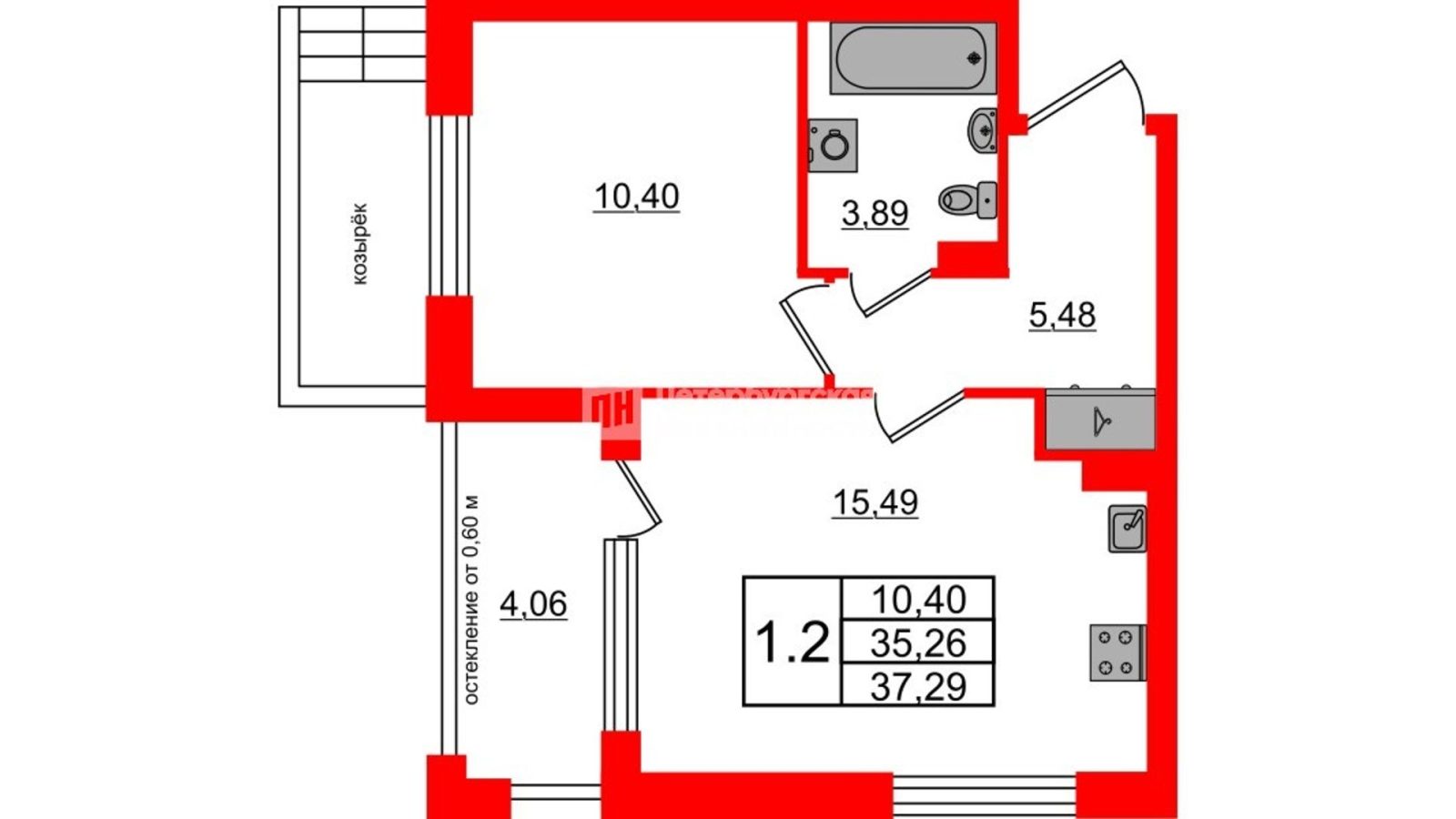 Планировка: 1-комнатная квартира, 35,3 м²