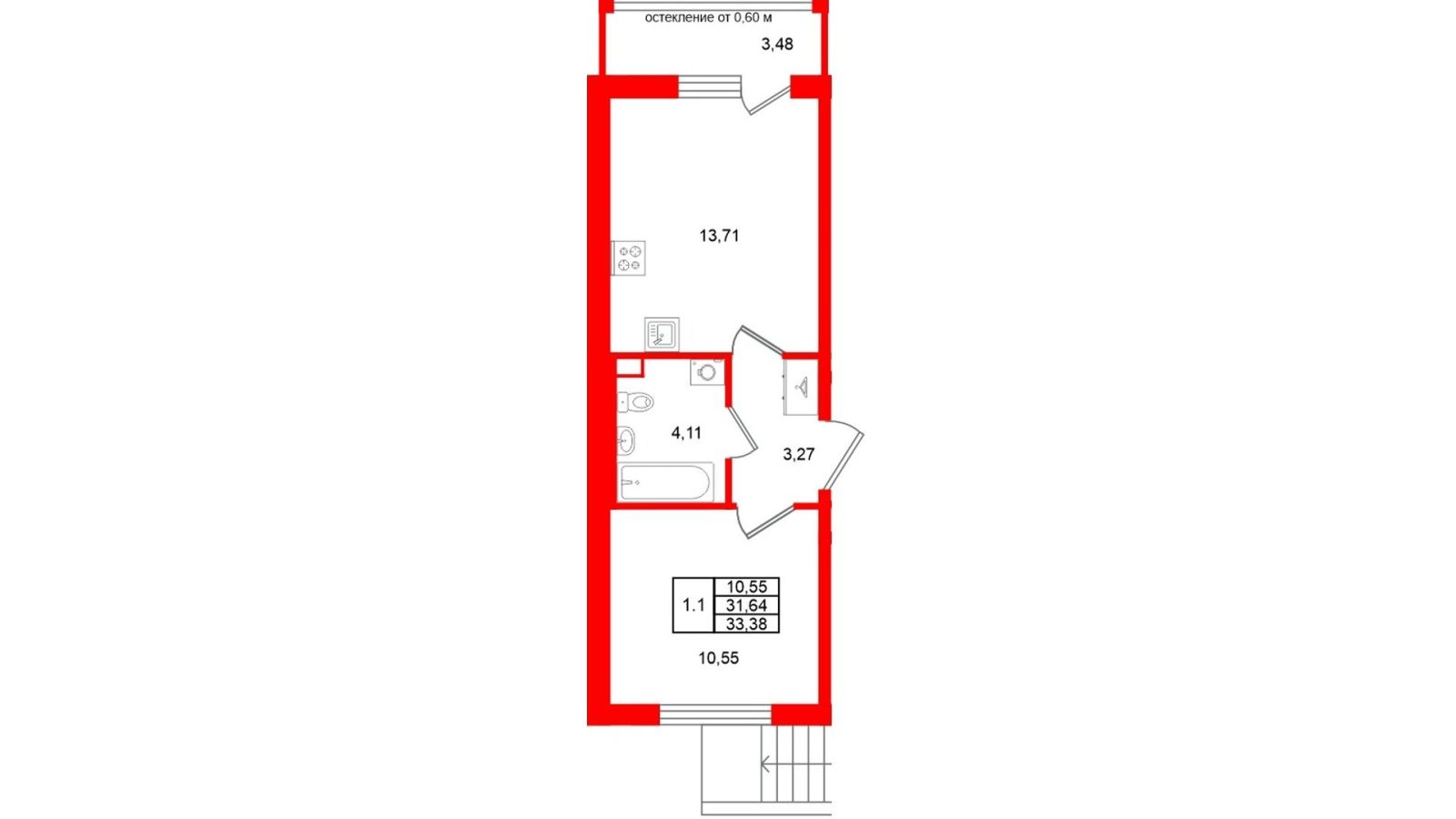 Планировка: 1-комнатная квартира, 31,6 м²