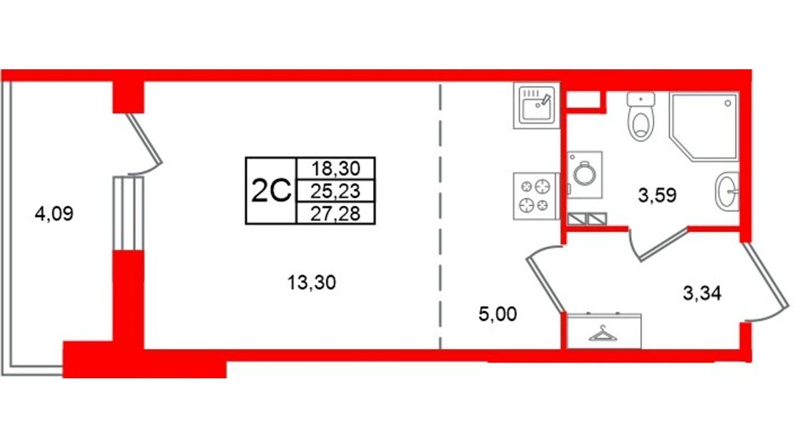 Планировка: студия, 25,2 м²