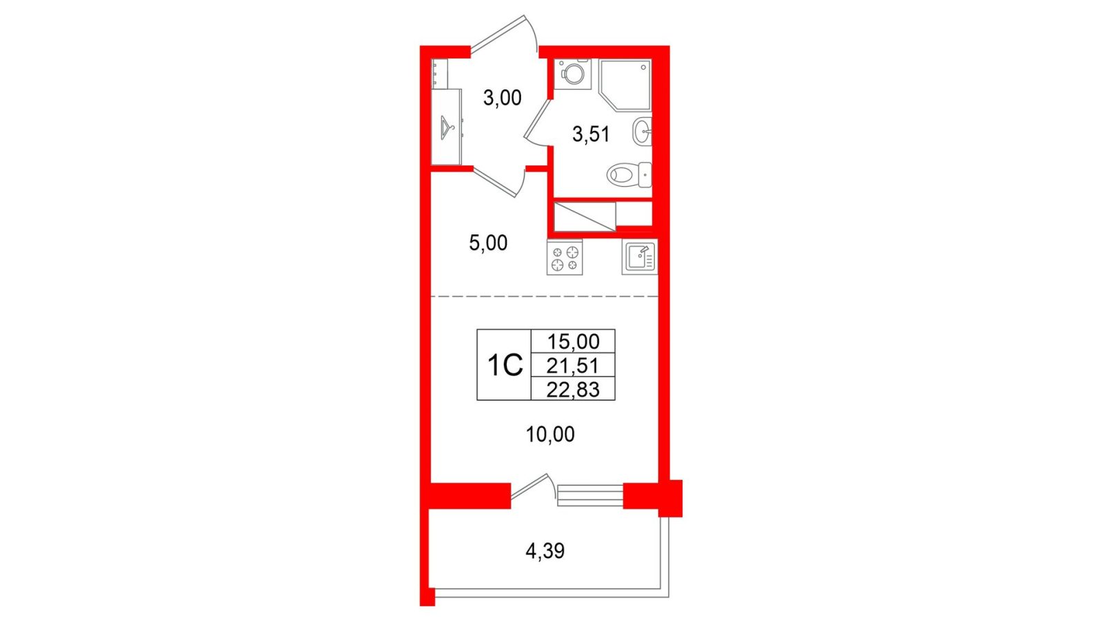 Планировка: студия, 21,5 м²