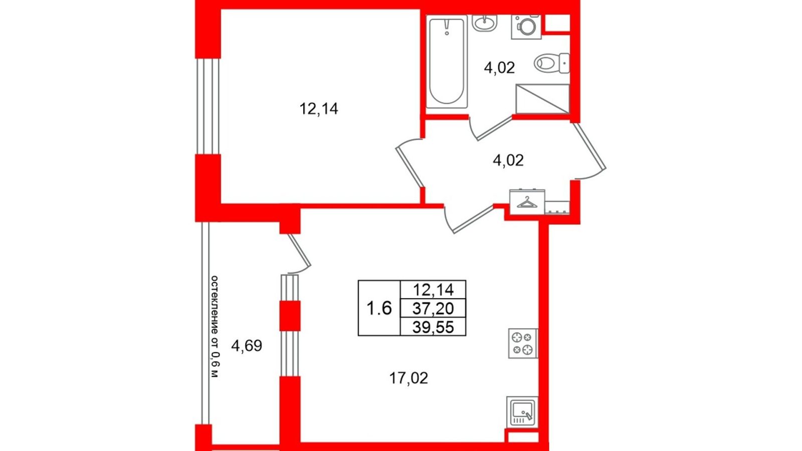 Планировка: 1-комнатная квартира, 37,2 м²