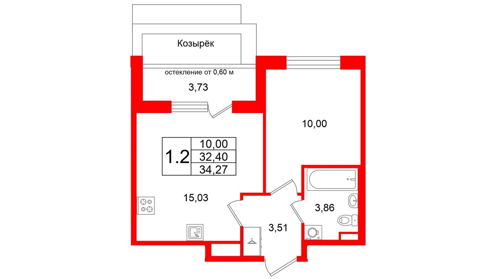 Планировка: 1-комнатная квартира, 32,4 м²
