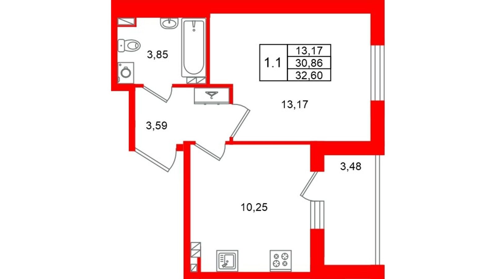 Планировка: 1-комнатная квартира, 30,9 м²