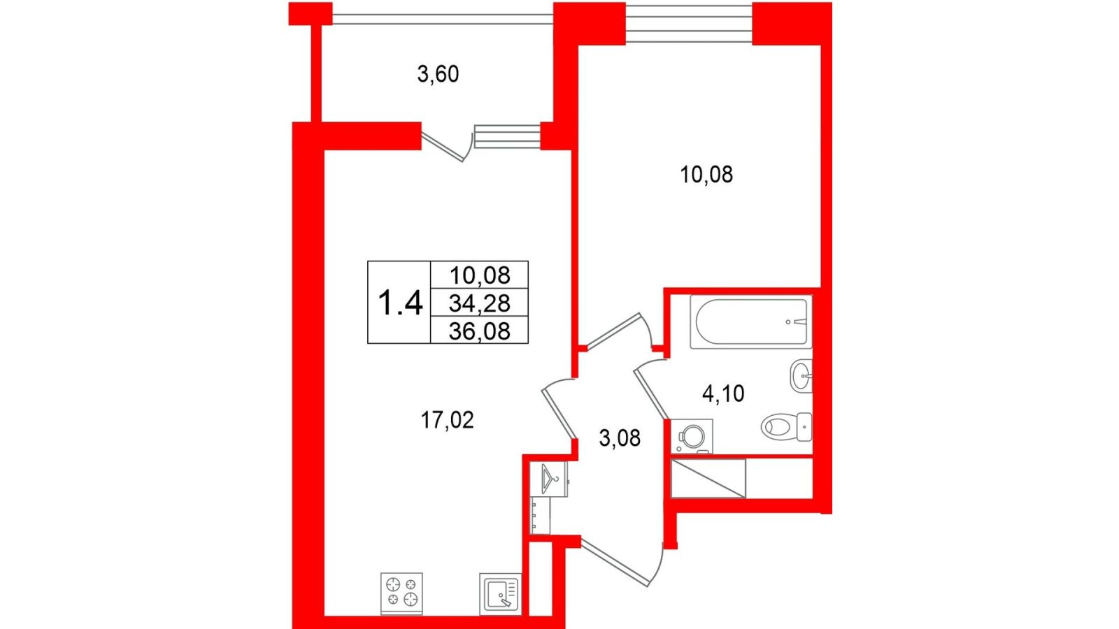 Планировка: 1-комнатная квартира, 34,3 м²