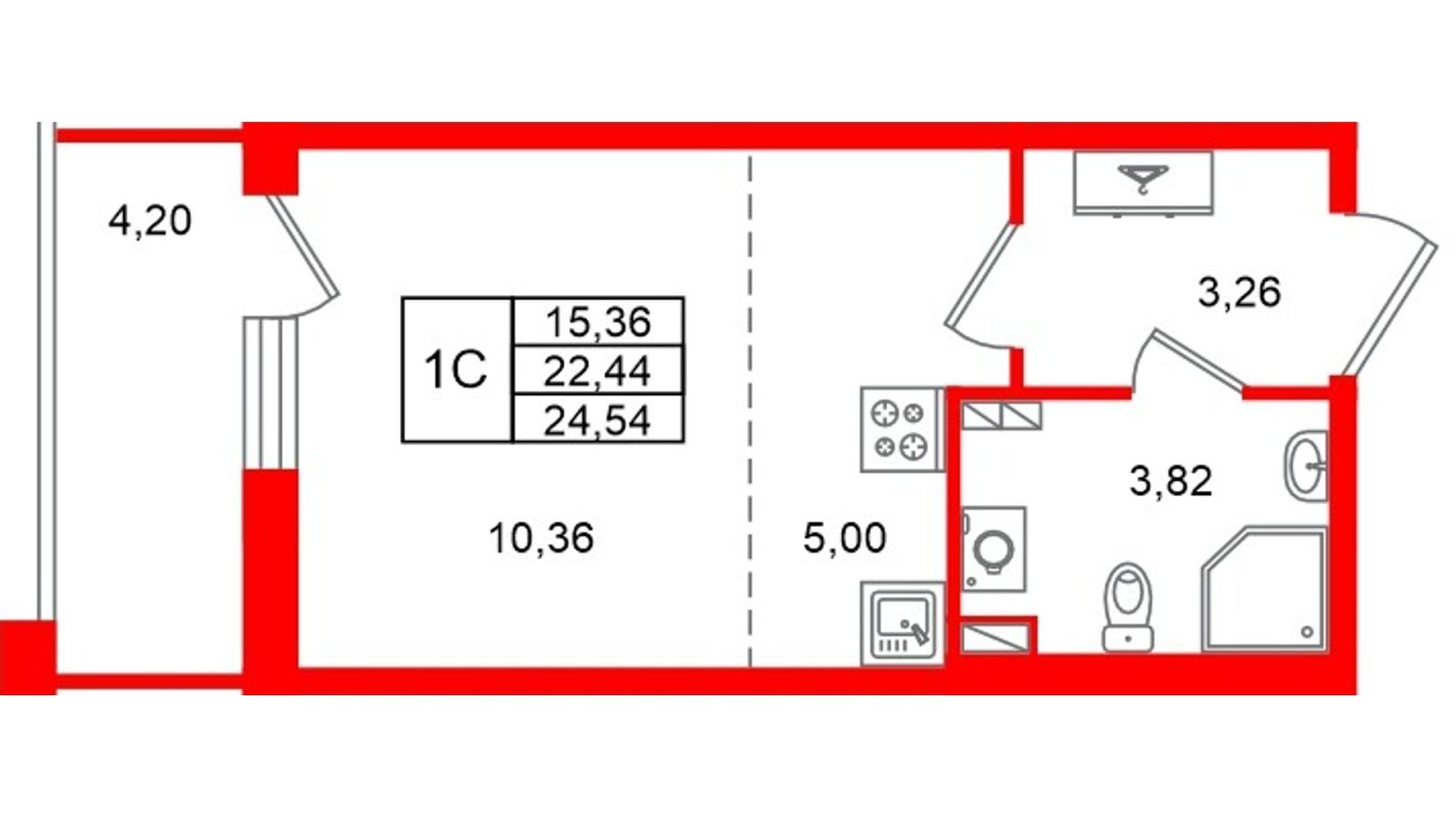 Планировка: студия, 22,4 м²
