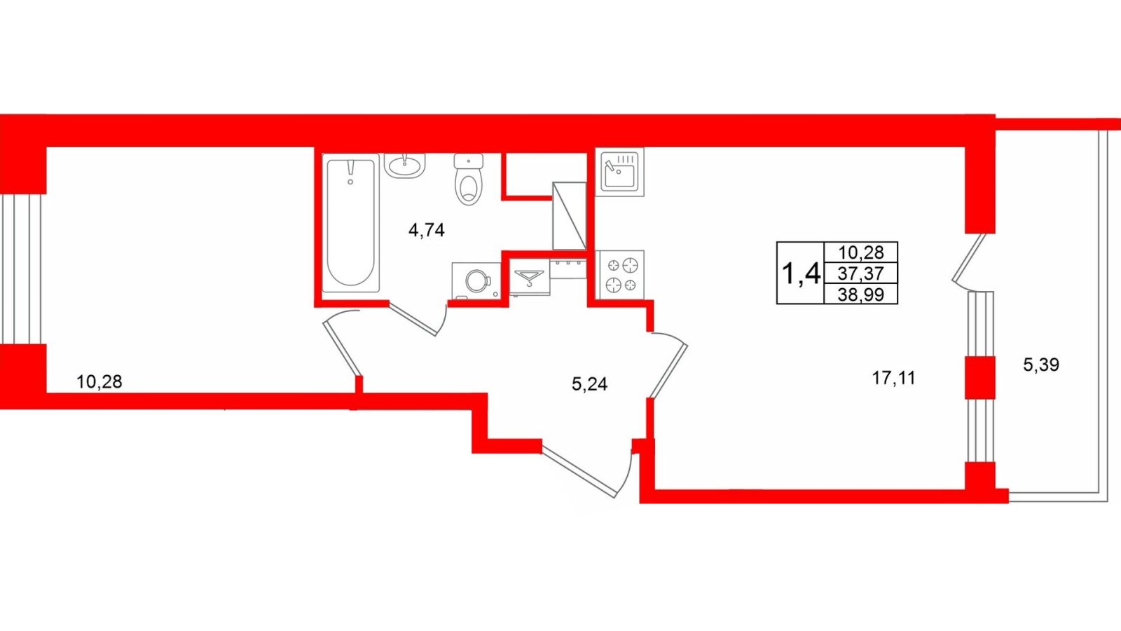 Планировка: 1-комнатная квартира, 37,4 м²