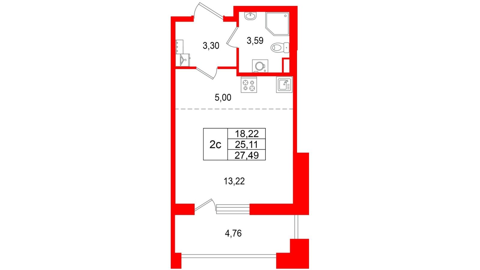 Планировка: студия, 25,1 м²