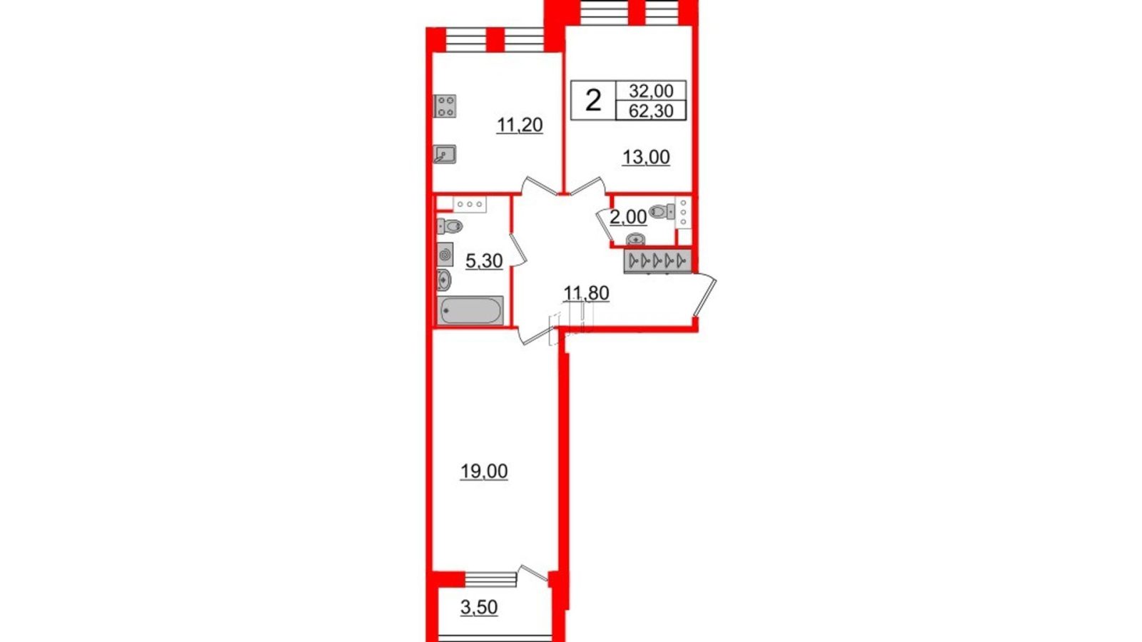 Планировка: 2-комнатная квартира, 62,3 м²