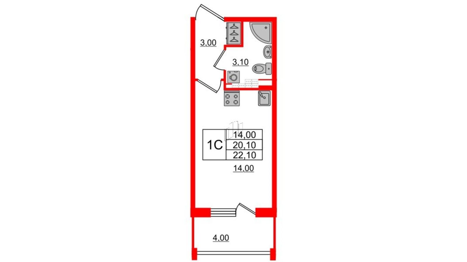 Планировка: студия, 20,1 м²