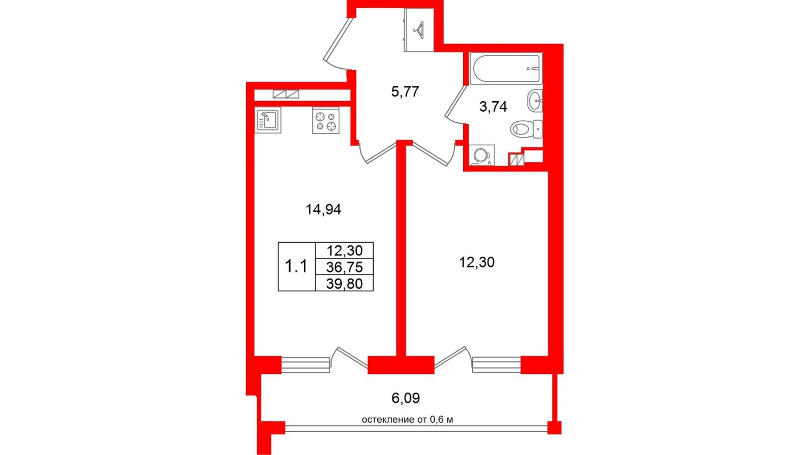 Планировка: 1-комнатная квартира, 36,8 м²