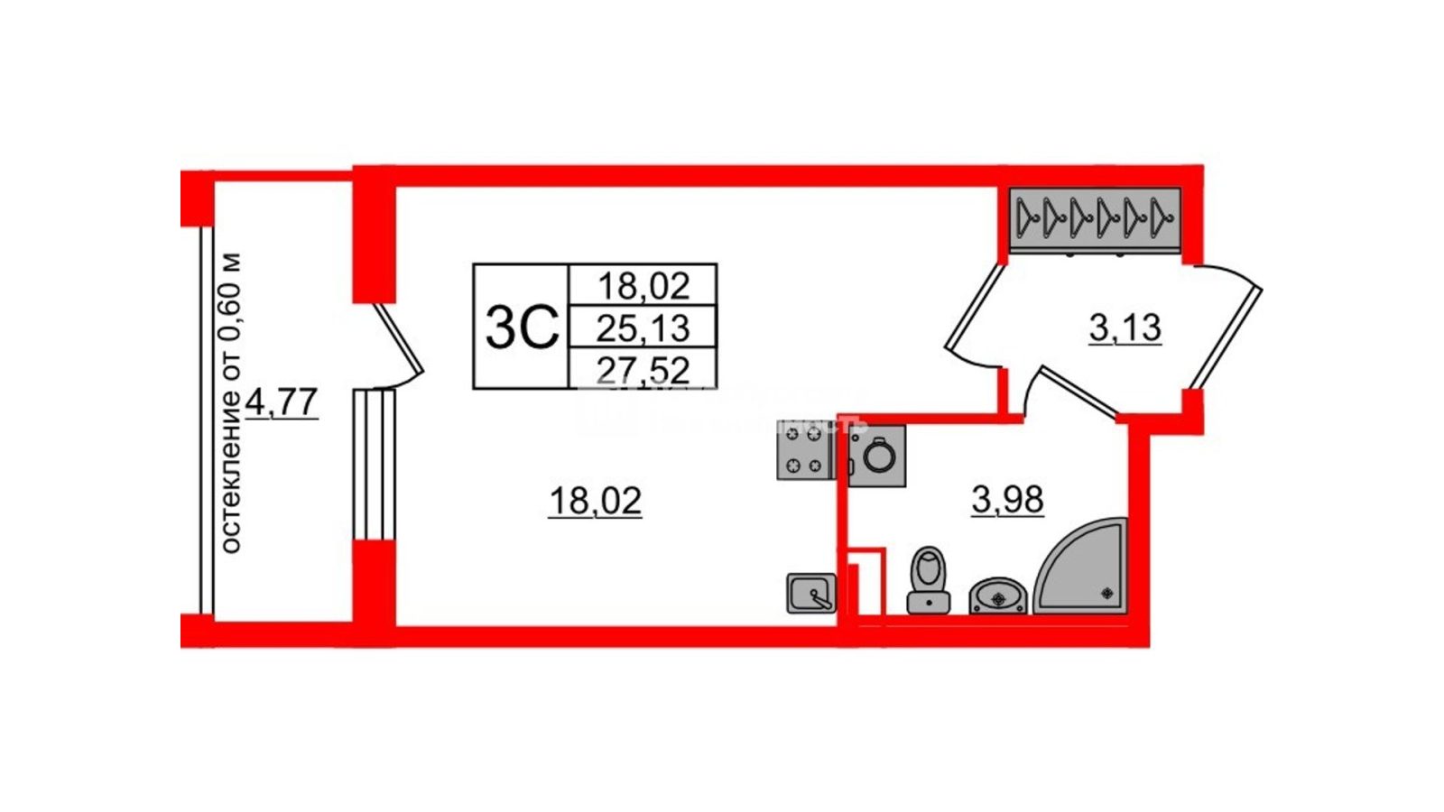 Планировка: студия, 25,1 м²