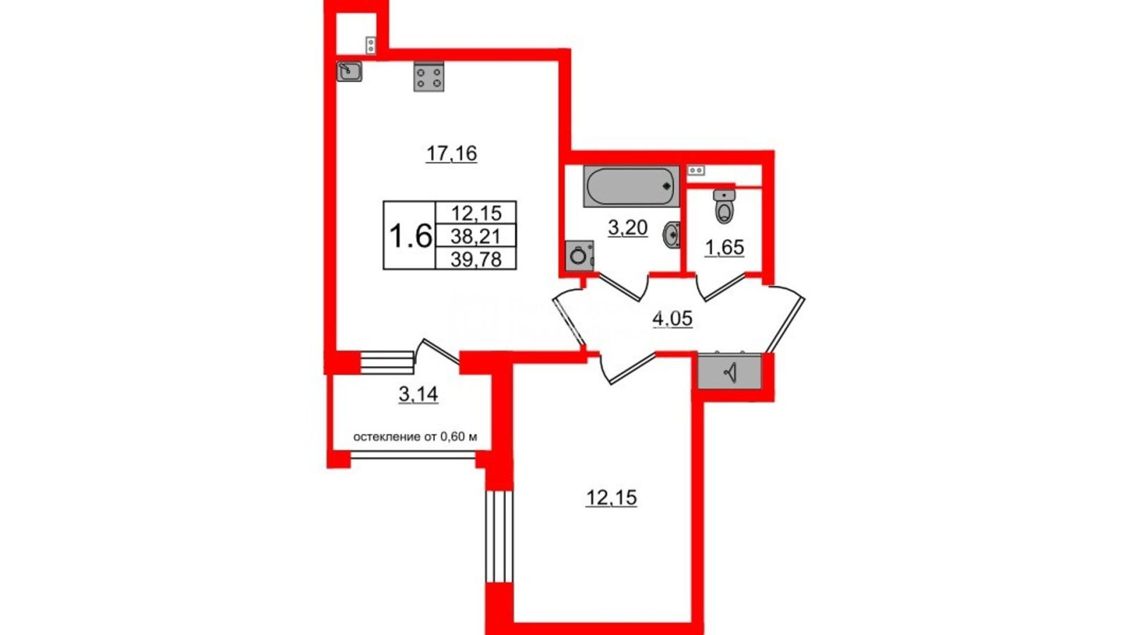 Планировка: 1-комнатная квартира, 38,2 м²