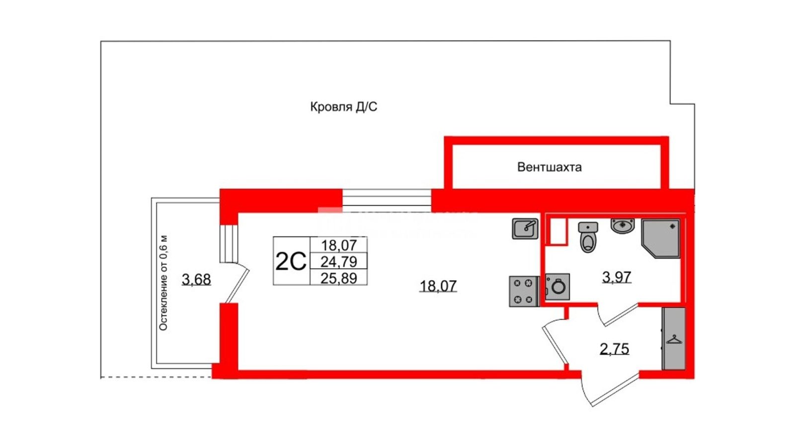Планировка: студия, 24,8 м²