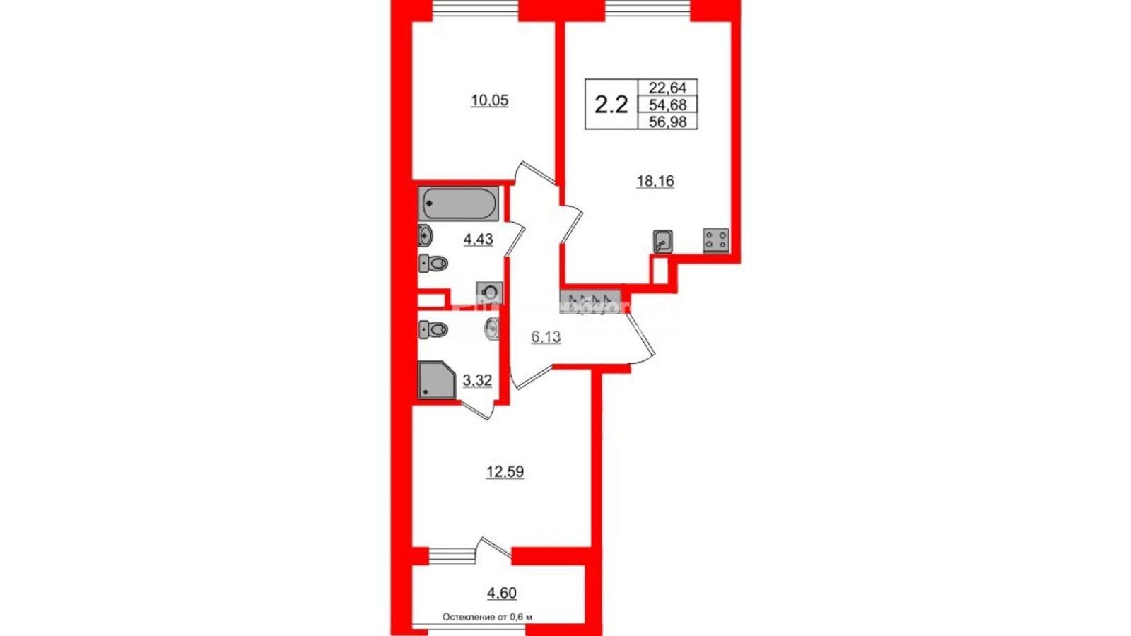 Планировка: 2-комнатная квартира, 54,7 м²