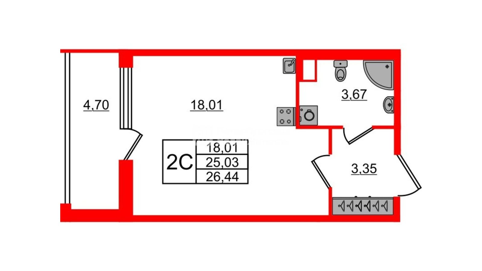 Планировка: студия, 25,0 м²