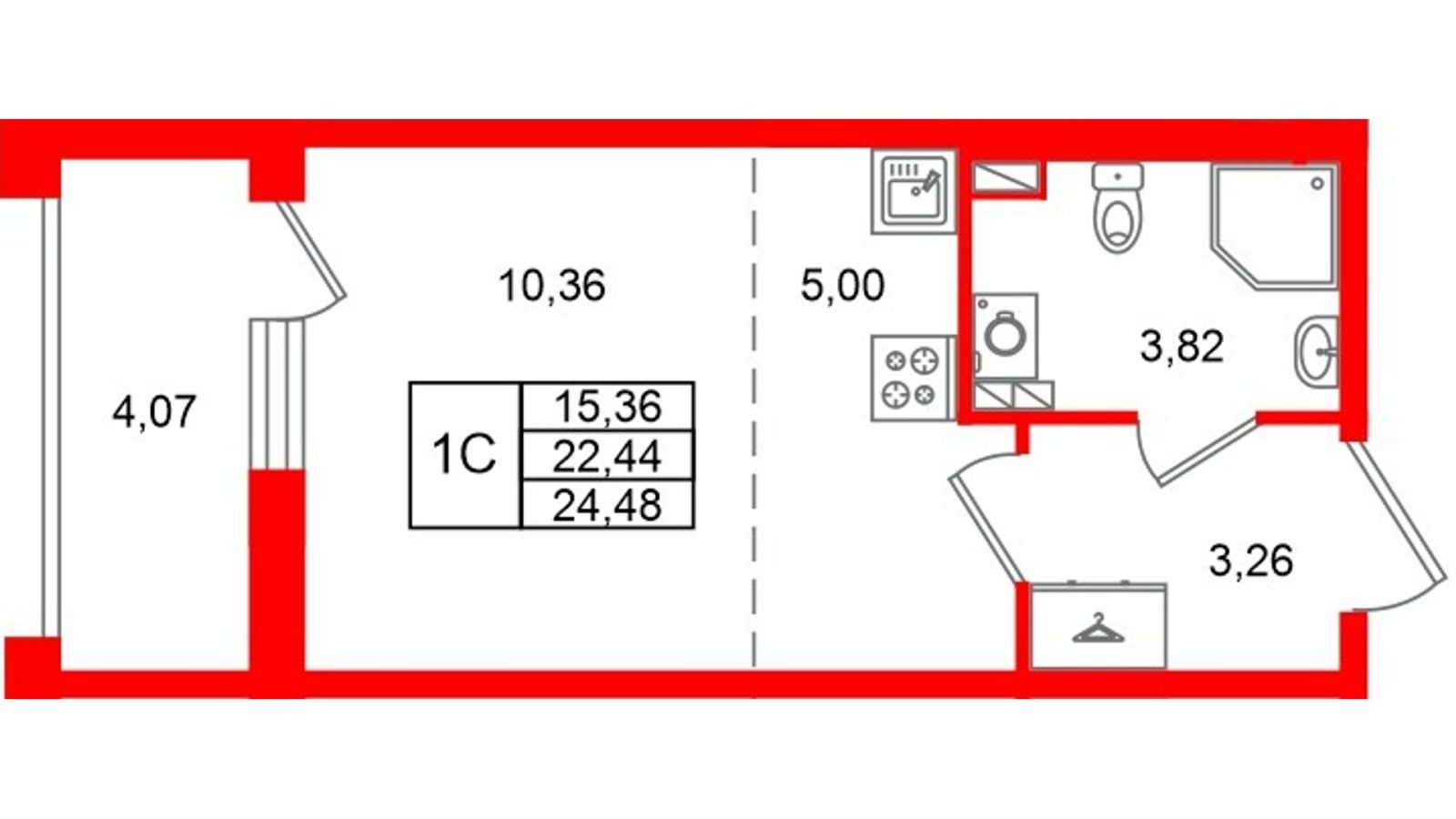 Планировка: студия, 22,4 м²