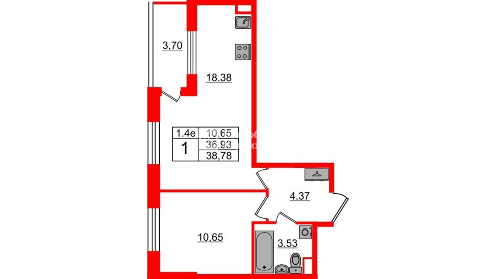 Планировка: 1-комнатная квартира, 36,5 м²