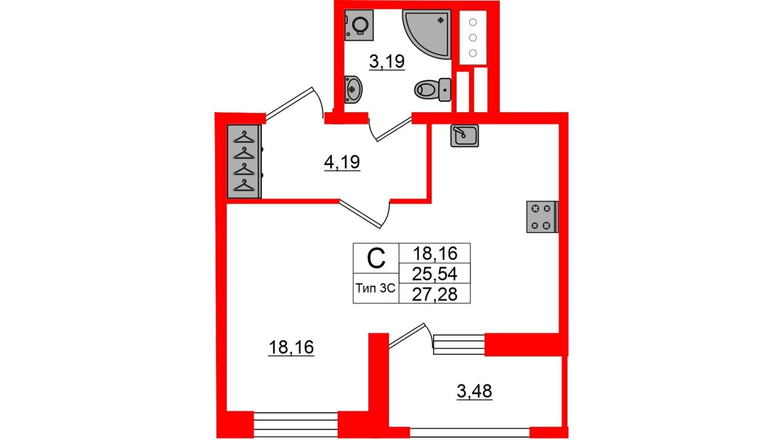 Планировка: студия, 25,5 м²
