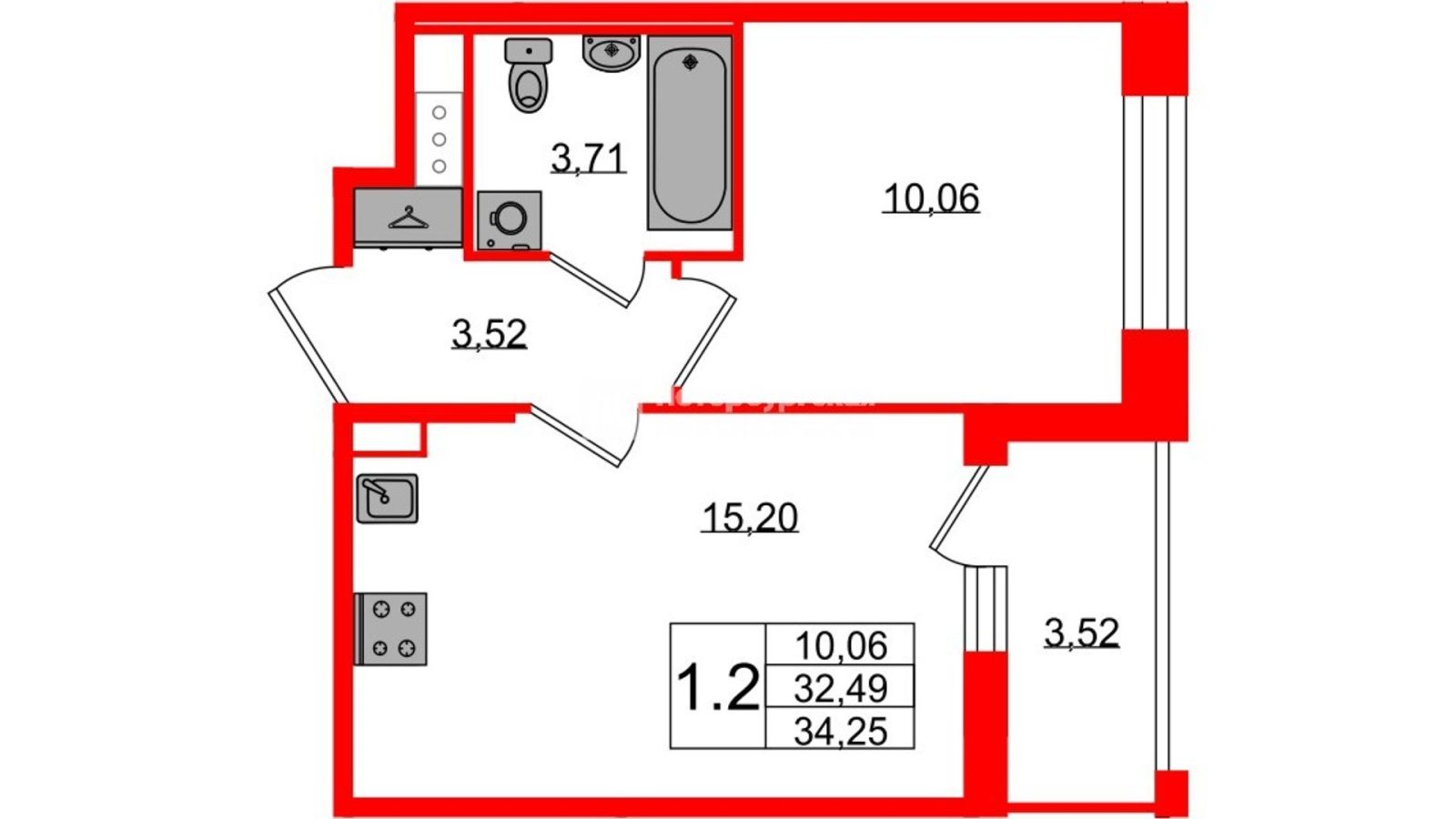 Планировка: 1-комнатная квартира, 32,5 м²