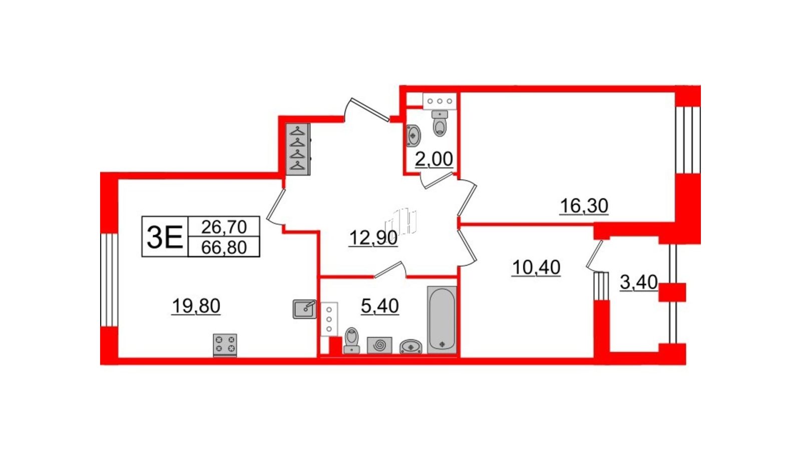 Планировка: 2-комнатная квартира, 66,8 м²