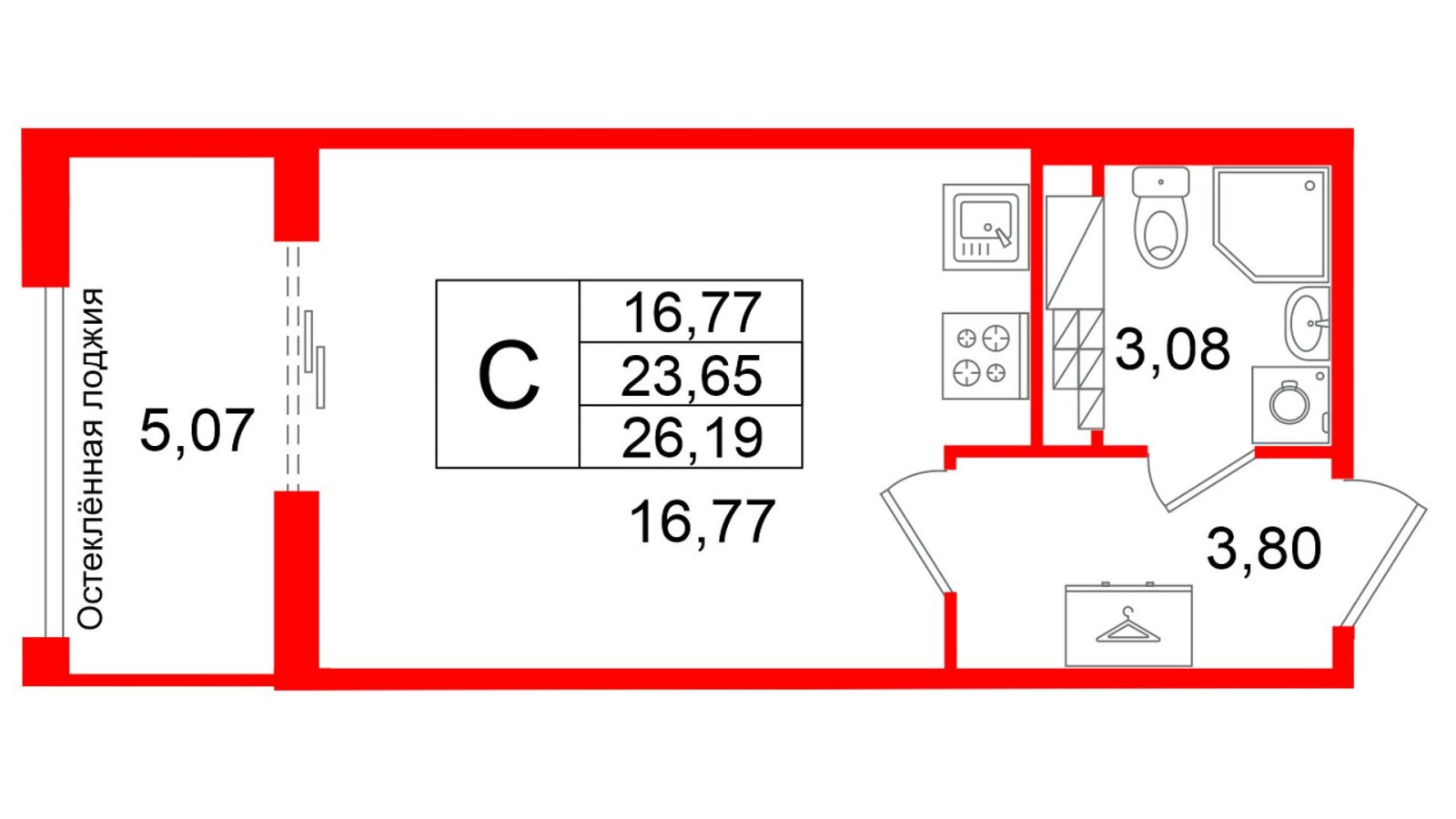Планировка: студия, 23,7 м²