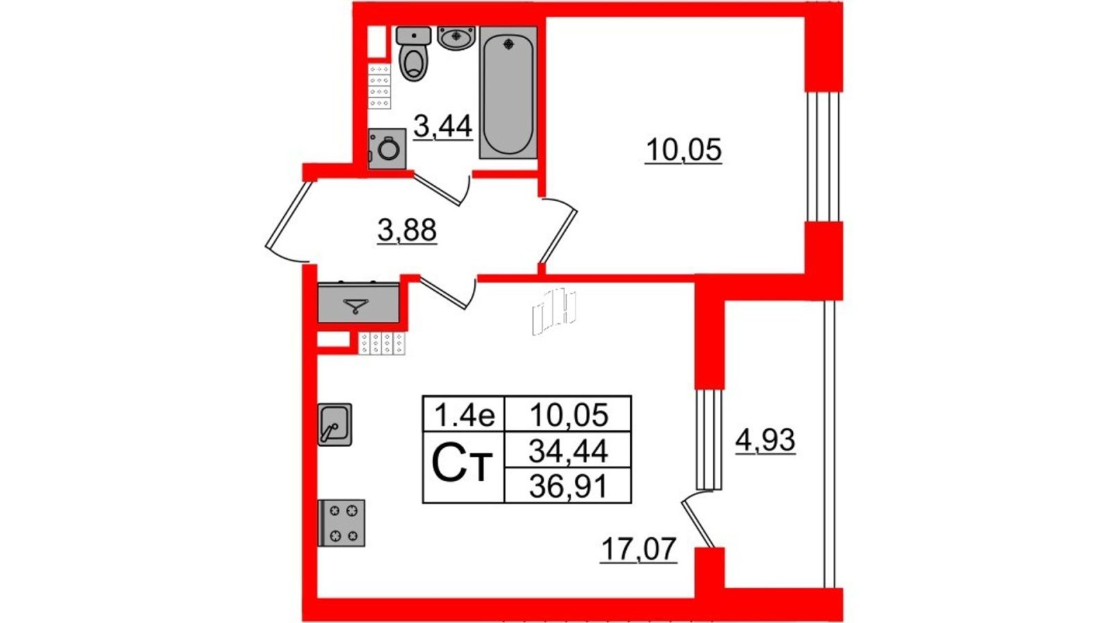 Планировка: 1-комнатная квартира, 34,4 м²
