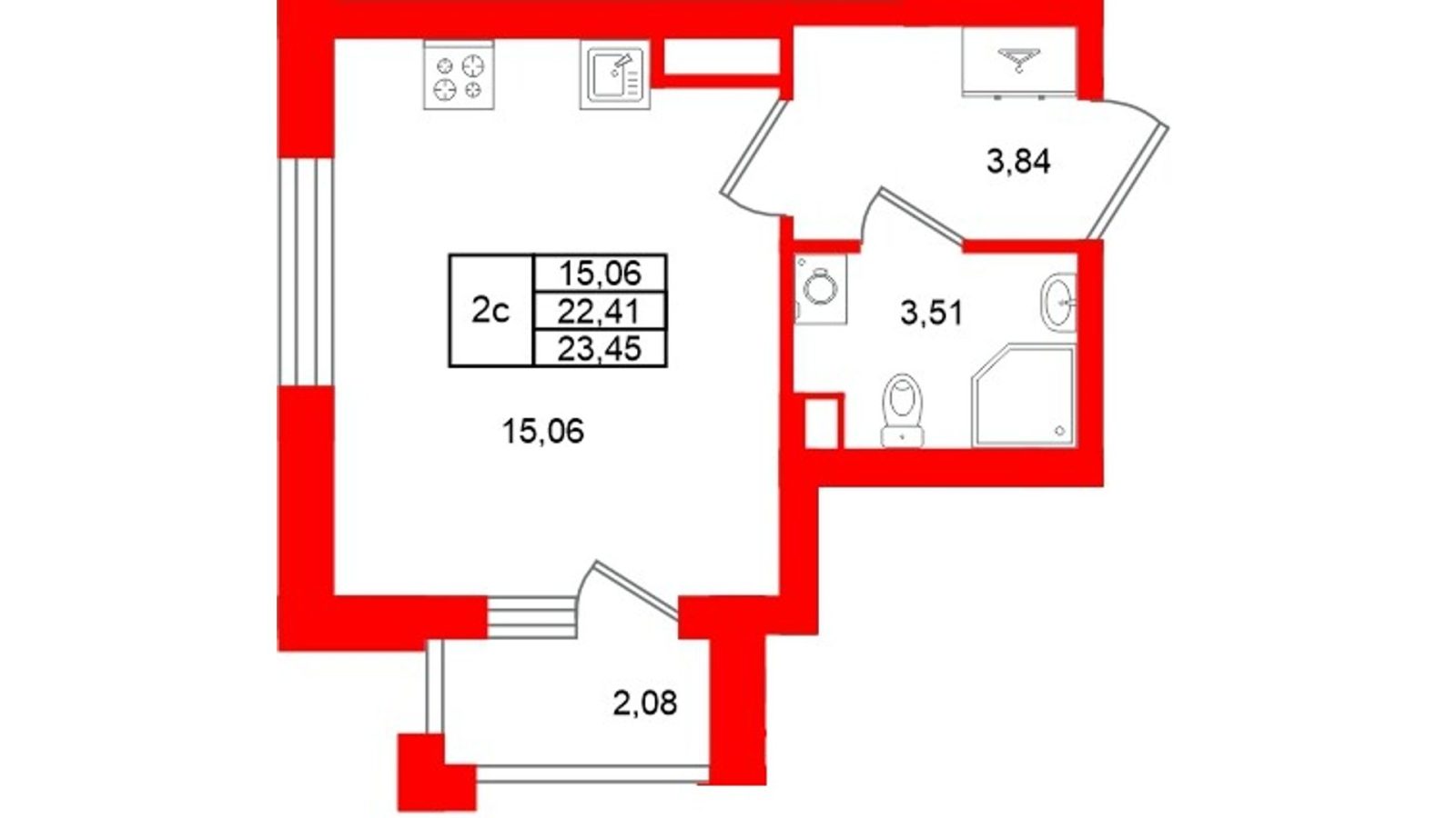 Планировка: студия, 22,4 м²