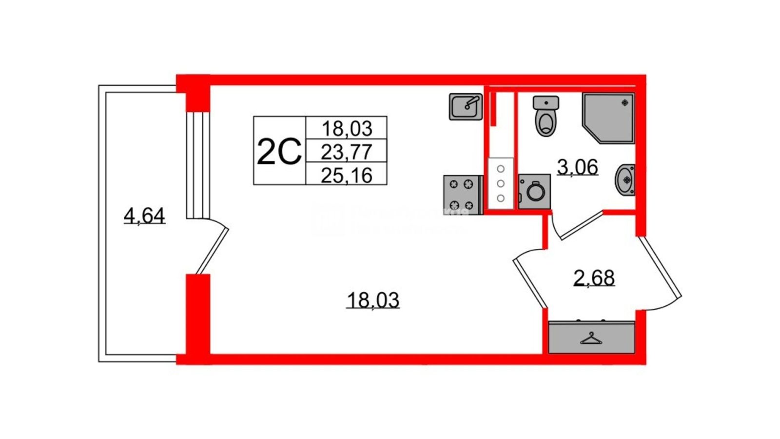 Планировка: студия, 23,8 м²