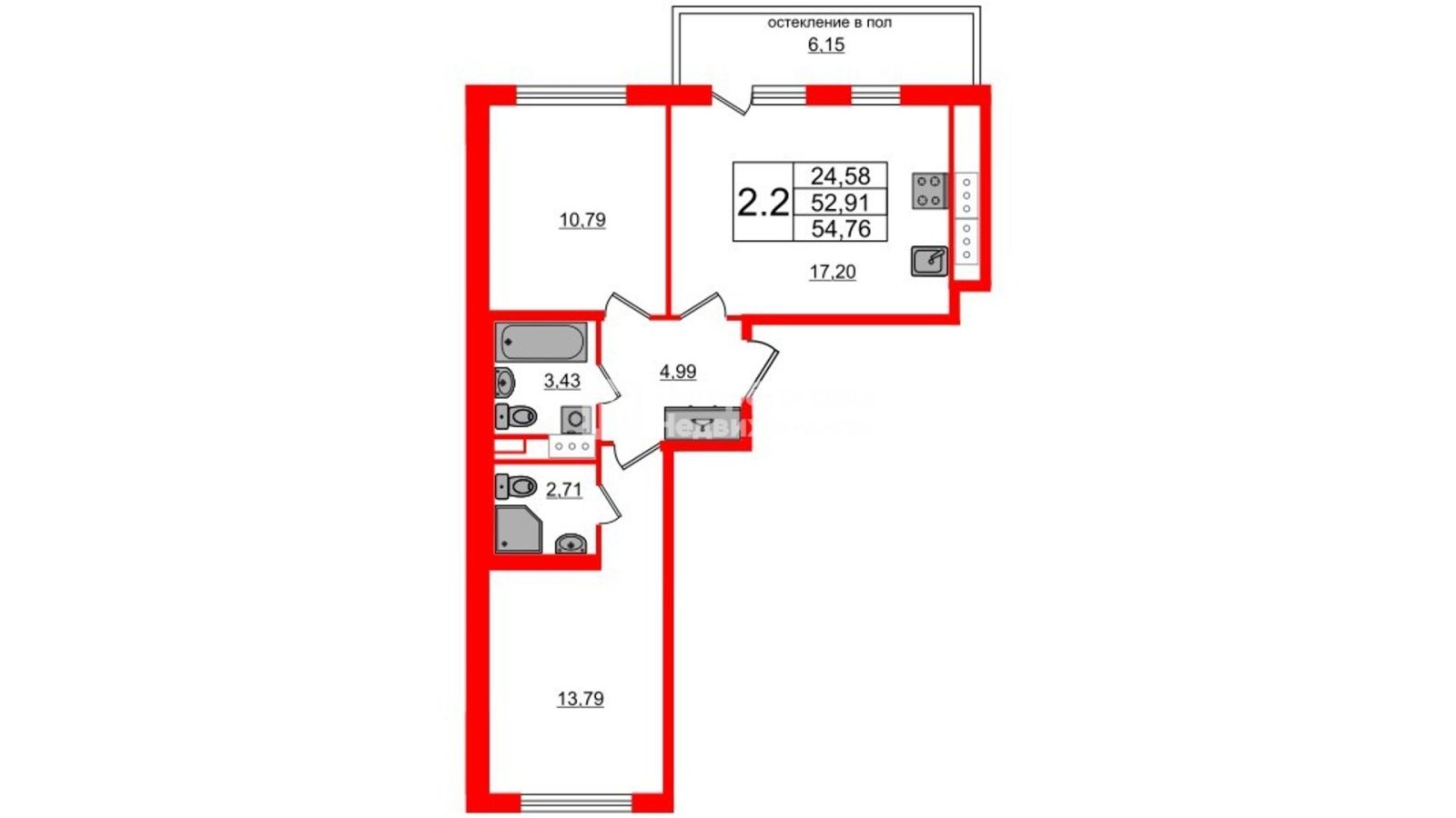 Планировка: 2-комнатная квартира, 52,9 м²