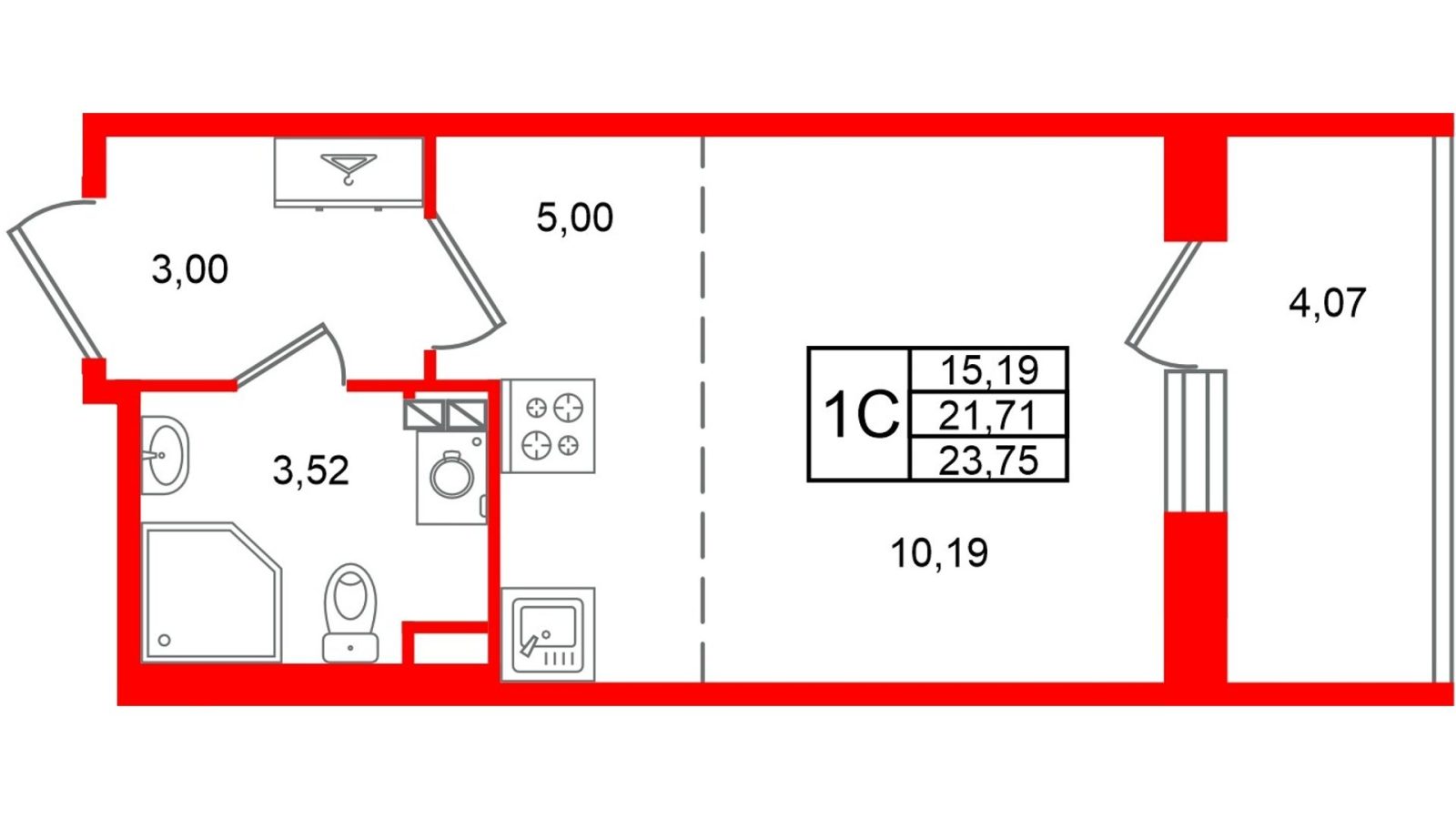 Планировка: студия, 21,7 м²