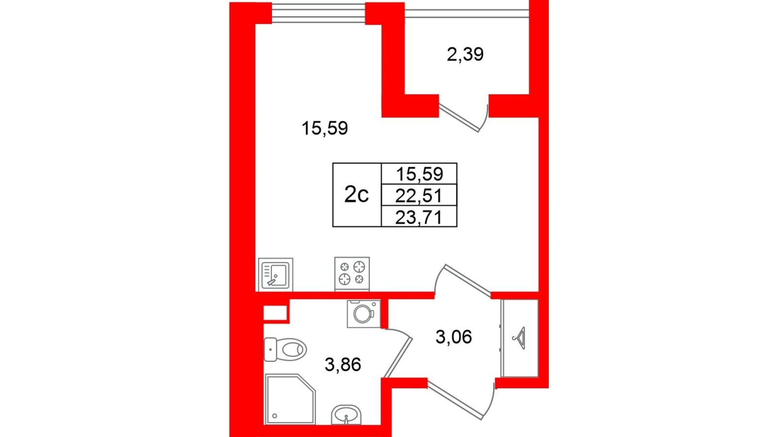 Планировка: студия, 22,5 м²