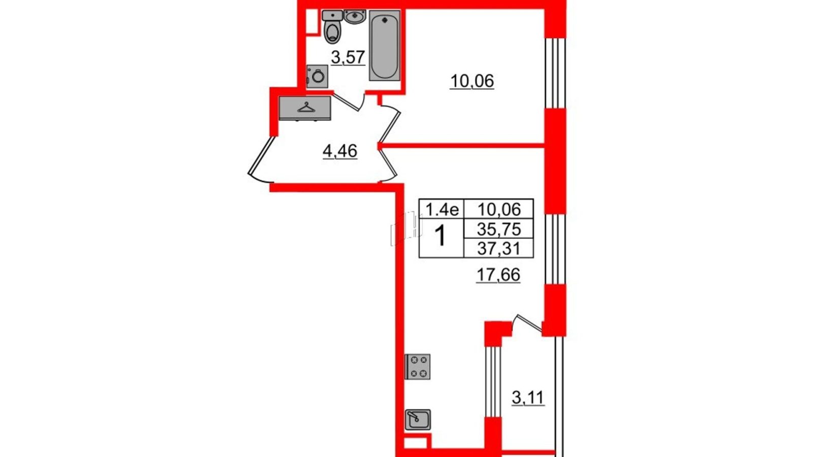 Планировка: 1-комнатная квартира, 35,1 м²