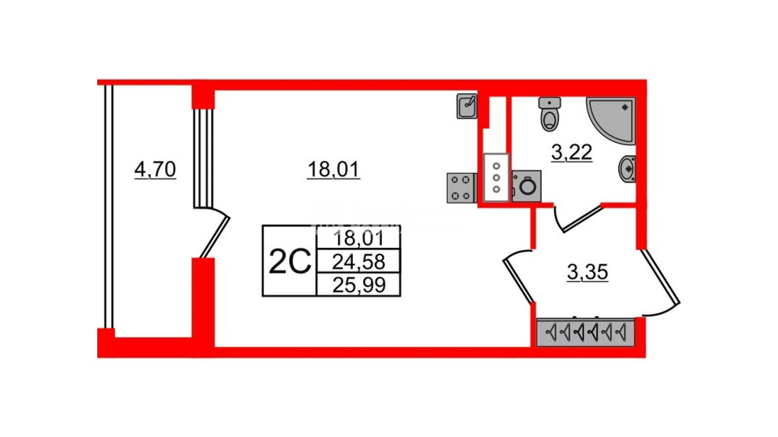Планировка: студия, 24,6 м²