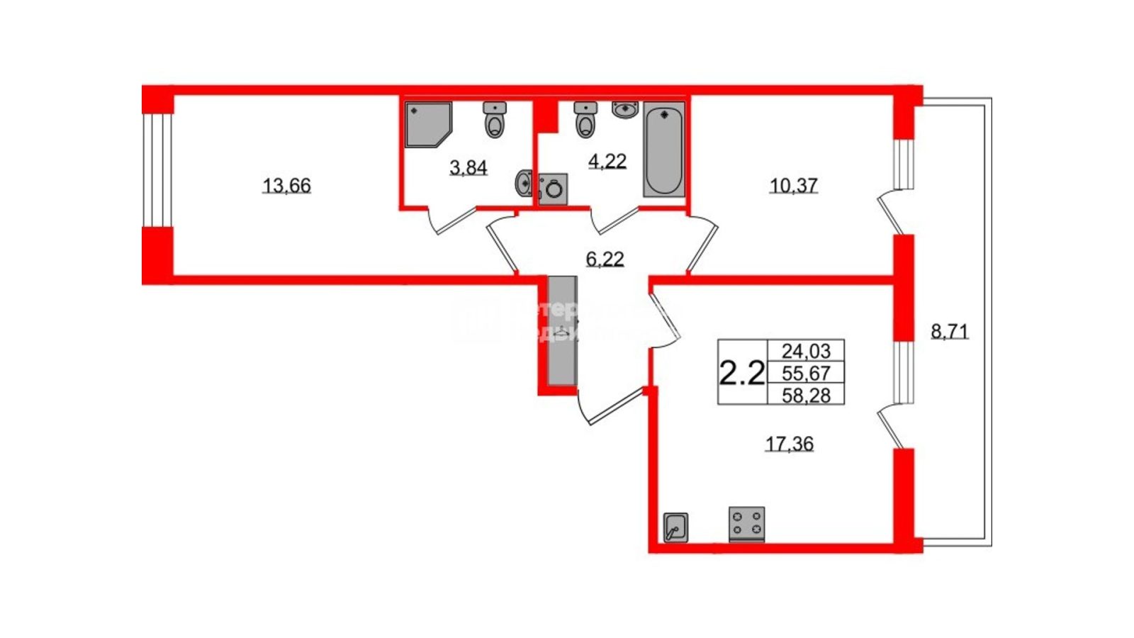 Планировка: 2-комнатная квартира, 55,7 м²