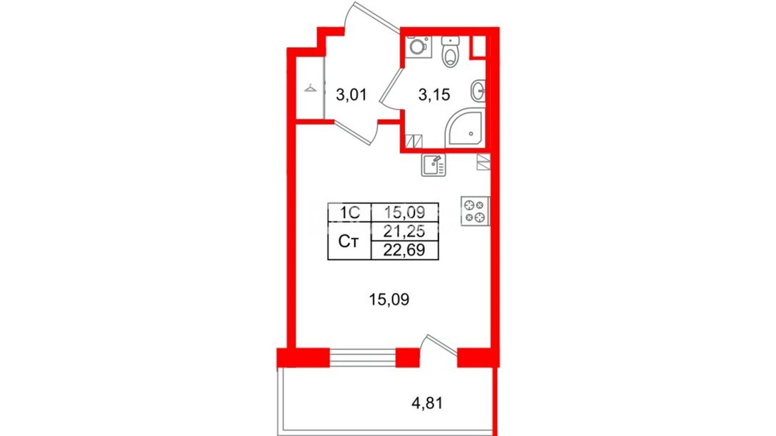 Планировка: студия, 21,3 м²