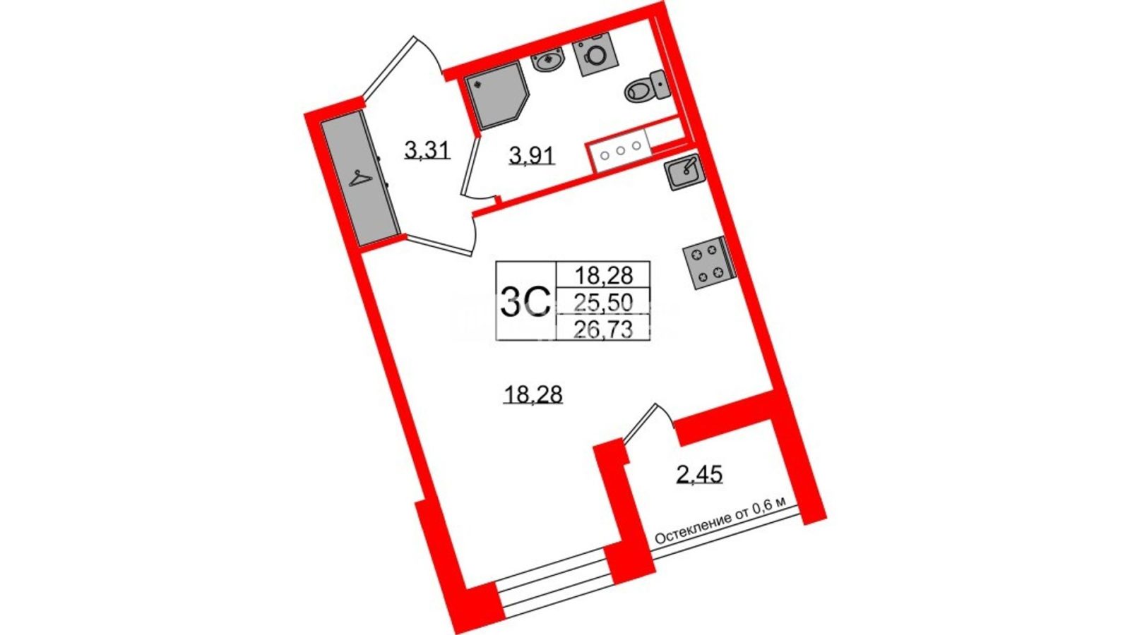 Планировка: студия, 25,5 м²