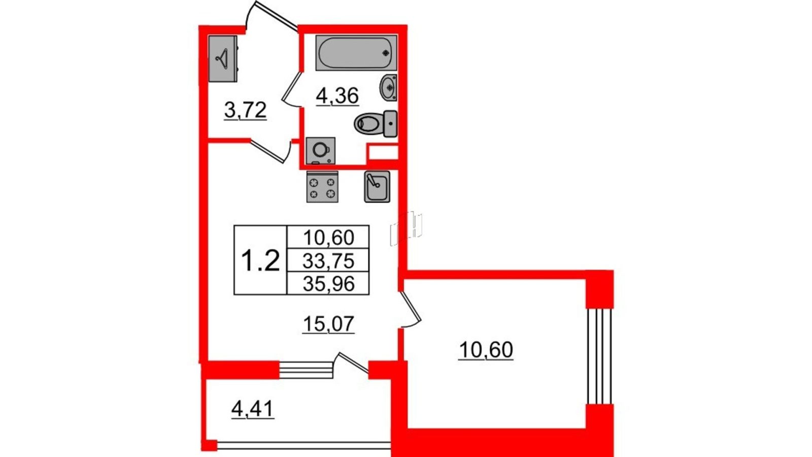 Планировка: 1-комнатная квартира, 33,8 м²